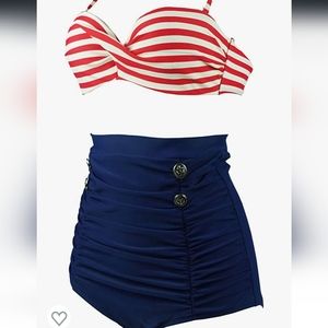 New! COCOSHIP Retro Polka Dot Twisted Front High Waisted Bikini Set Size 8